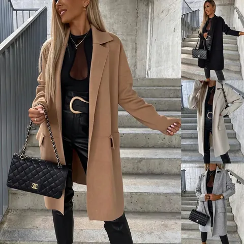 Cappotto Lungo di Lana da Donna Revers Vestibilità Comoda Aperto Davanti Tinta Unita Soprabito di Media Lunghezza Con Tasche Casual