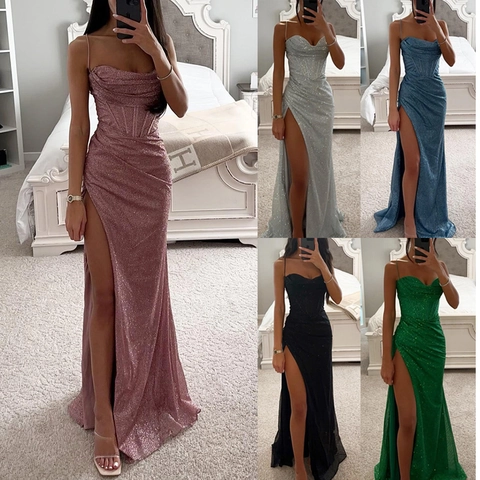 Dames Pailletten Maxi Jurk Spaghettibandjes Corset Hoge Split Avondjurk Elegant Sexy Slim Fit Galajurk