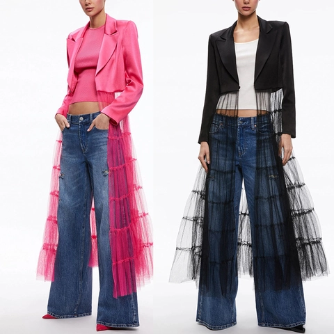 Women Fashion Satin Blazer Spliced Long Tulle Mesh Outerwear Jacket Elegant Lapel Long Sleeve Solid Color Casual Loose Coat