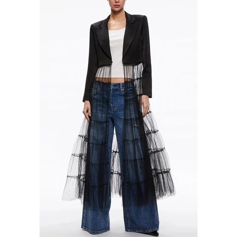 Women Fashion Satin Blazer Spliced Long Tulle Mesh Outerwear Jacket Elegant Lapel Long Sleeve Solid Color Casual Loose Coat