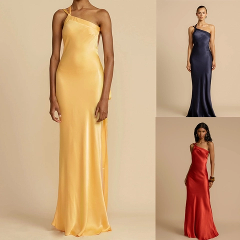 Damen One-Shoulder Satin Maxikleid Elegant Ärmellos Rückenfrei Einfarbig Slim Fit Abendparty Kleid Hochzeit Gast