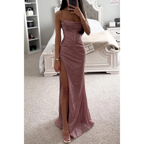 Women Sexy Glitter Camisole Maxi Dress Slim Fit High Slit Polyester Evening Party Dress Fashion Streetwear Clubwear Long Dress