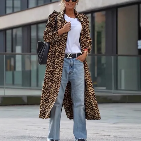 Trench Donna con Stampa Leopardata Manica Lunga Colletto a Rever Aperto con Cintura Giacca Lunga Casual Moda Streetwear