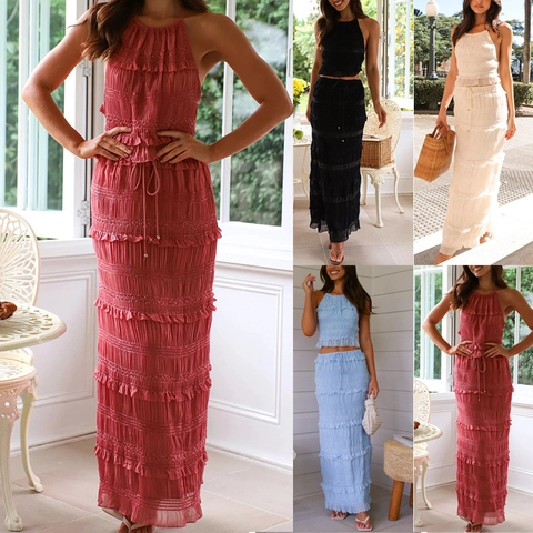 Damen Halter Crop Top Und Stufen-Rüschen Maxi Rock Set Bohemian Chiffon Zweiteiler Resort Wear Outfit Einfarbig Plissee Kleid