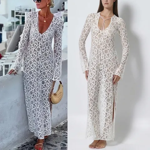 Abito Lungo da Donna in Pizzo Bianco all'Uncinetto con Scollo a V Manica Lunga Spacco Boemo Hollow Out Copricostume da Spiaggia