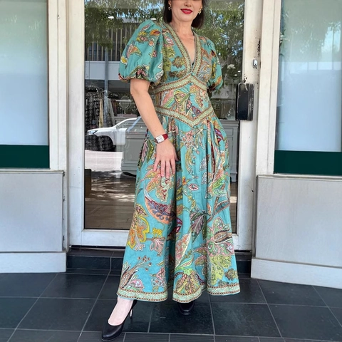 Vestido Largo Bohemio para Mujer Estampado Paisley Cuello en V Manga Linterna Vintage Casual Holgado Vestido de Vacaciones