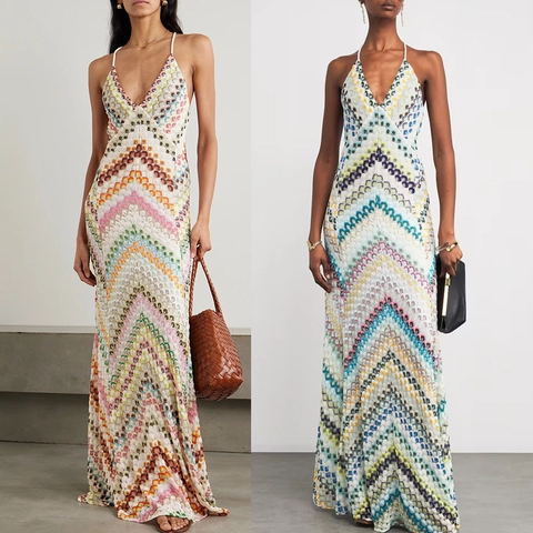 Γυναικείο Σέξι Slim Fit Τυπωμένο Bodycon Maxi Φόρεμα Εξώπλατο Καλοκαίρι Παραλία Πάρτι Θέρετρο Πολύχρωμο Μοτίβο Chevron Μακρύ Φόρεμα