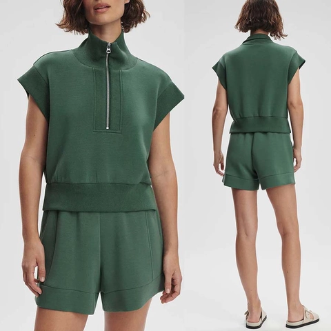 Dames Casual Losse Korte Mouw Halve Rits Opstaande Kraag Top En Bijpassende Shorts Set Effen Kleur Polyester Lounge Outfit