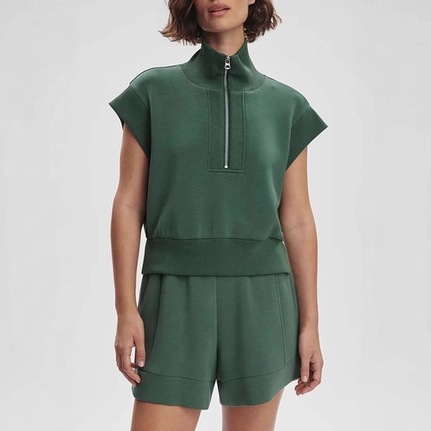Dames Casual Losse Korte Mouw Halve Rits Opstaande Kraag Top En Bijpassende Shorts Set Effen Kleur Polyester Lounge Outfit