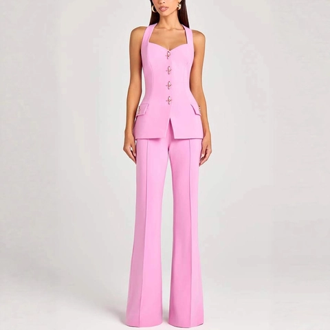 Dames Elegant Slim Fit Pak Set Lange Mouw Blazer Top En High Waist Flare Broek Kantoor Formele Party Outfit Met Metalen Knopen