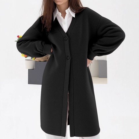 Damen Oversize Strickjacke Lang V-Ausschnitt Einreihig Lose Pullover Mantel Einfarbig Warm Acryl Nylon Outwear Herbst Winter