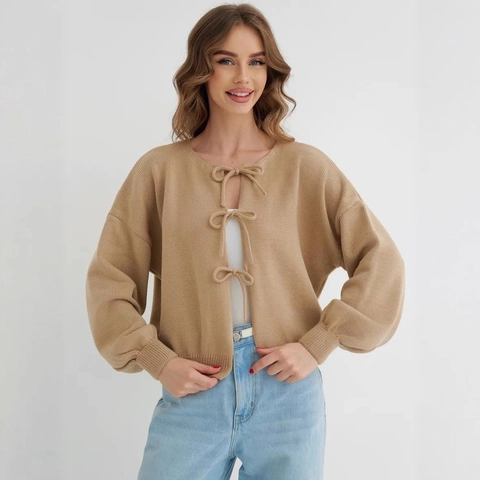 Gilet en Tricot pour Femmes avec Nœud Papillon Manches Lanternes Pull Court Large Décontracté Automne Hiver Couleur Unie