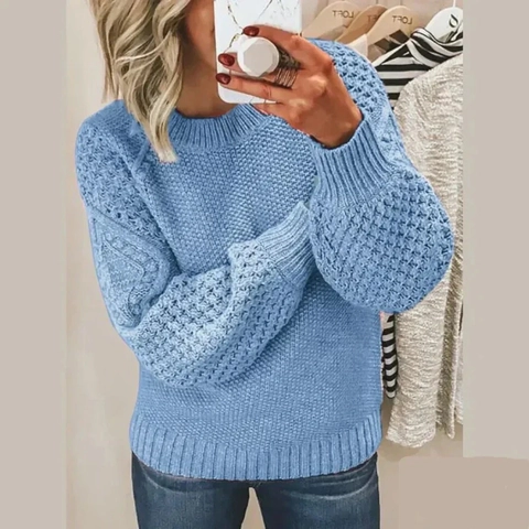 Pull en Maille Décontracté pour Femmes Manches Lanternes Col Rond Couleur Unie Haut Pullover Tricot Doux Chaud
