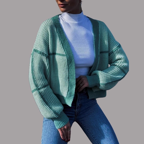 Women's Casual Colorblock Striped Chunky Knit Cardigan V-Neck Open Front Drop Shoulder Long Sleeve Sweaters Outerwear For Women