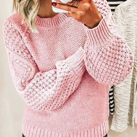 Pull en Maille Décontracté pour Femmes Manches Lanternes Col Rond Couleur Unie Haut Pullover Tricot Doux Chaud