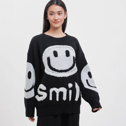 Women's Casual Oversized Smiley Face Knit Sweater Crew Neck Long Sleeve 3D Letter Embroidery Pullover Top