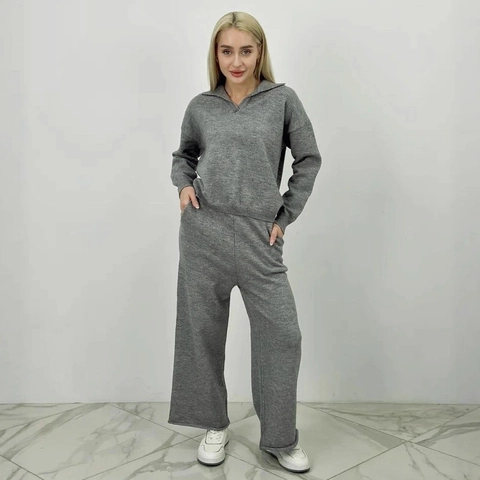 Conjunto de Mujer Estilo Relajado Jersey con Cuello Polo y Pantalón de Pata Ancha Color Sólido Manga Larga Suéter Cordón