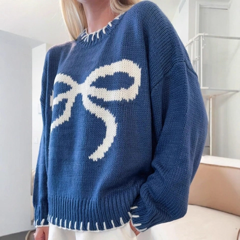 Women's Bowknot Jacquard Knit Sweater Loose Pullover With Whipstitch Trim Contrast Color Soft Long Sleeve Warm Knitwear Top