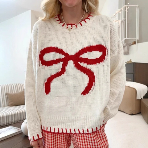 Women's Bowknot Jacquard Knit Sweater Loose Pullover With Whipstitch Trim Contrast Color Soft Long Sleeve Warm Knitwear Top