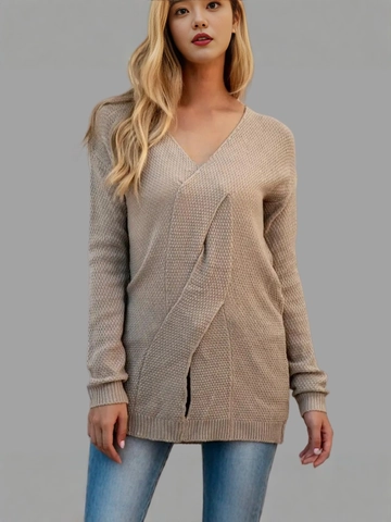 Pull en Maille Élégant pour Femmes avec Col en V et Design Croisé Manches Longues Slim Fit Couleur Unie Pullover