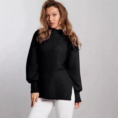 Pull Femme Décontracté Couleur Unie Oversize en Tricot Col Rond Fente Latérale Manches Lanternes Mi-Long Doux
