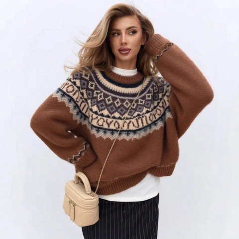 Suéter de Punto de Navidad Fair Isle Vintage para Mujer Cuello Redondo Extragrande Manga Larga Jacquard Geométrico Cálido