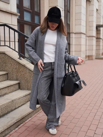 Cardigan Lungo in Maglia Casual da Donna Cappotto Maglione Aperto sul Davanti Oversize Con Tasche Tinta Unita Morbido Caldo Manica Lunga Capispalla Autunno Inverno