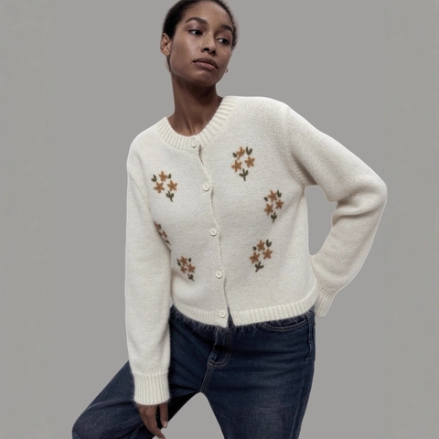Women Casual Floral Embroidery Knitted Cardigan Round Neck Single Breasted Long Sleeve Fuzzy Sweater Top For Daily Wear