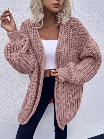 Women Loose Knit Cardigan Sweater Solid Color Lantern Sleeve V Neck Open Front Casual Oversized Knitted Outerwear