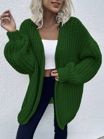 Women Loose Knit Cardigan Sweater Solid Color Lantern Sleeve V Neck Open Front Casual Oversized Knitted Outerwear