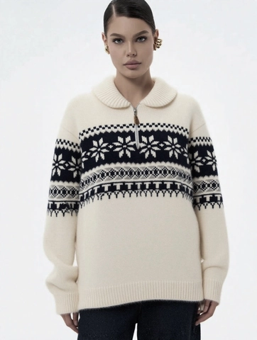 Pull en Tricot Ample Décontracté pour Femmes Quart de Zip Col POLO Motif Flocon Fair Isle Hiver Chaud Pullover Manches Longues