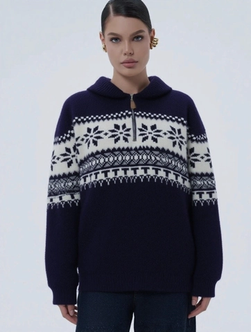 Pull en Tricot Ample Décontracté pour Femmes Quart de Zip Col POLO Motif Flocon Fair Isle Hiver Chaud Pullover Manches Longues