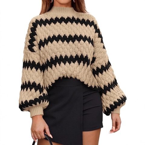 Pull en Tricot Oversize pour Femmes Rayures Zigzag Manches Lanterne Pullover Décontracté Ample Col Rond Automne Hiver Top