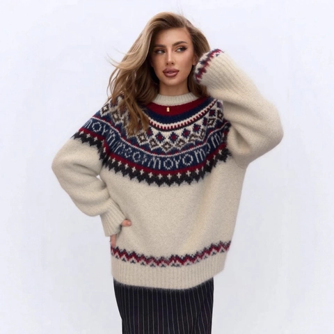 Suéter de Punto de Navidad Fair Isle Vintage para Mujer Cuello Redondo Extragrande Manga Larga Jacquard Geométrico Cálido