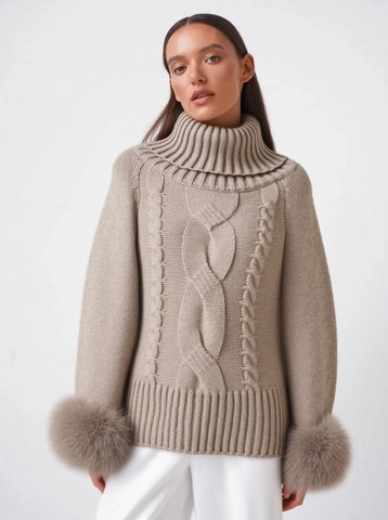 Suéter de Cuello Alto para Mujer Tejido de Trenzas Pullover Holgado Con Puños de Piel Sintética Otoño Invierno Elegante
