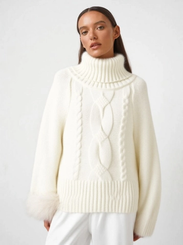 Suéter de Cuello Alto para Mujer Tejido de Trenzas Pullover Holgado Con Puños de Piel Sintética Otoño Invierno Elegante