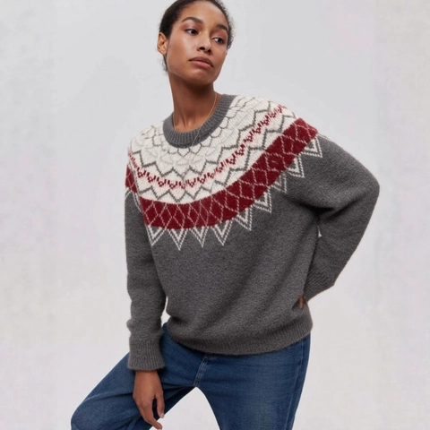 Maglione in Maglia Fair Isle da Donna Motivo Geometrico Natalizio Girocollo Oversize Manica Lunga Peluche Caldo Pullover Invernale