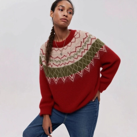 Maglione in Maglia Fair Isle da Donna Motivo Geometrico Natalizio Girocollo Oversize Manica Lunga Peluche Caldo Pullover Invernale