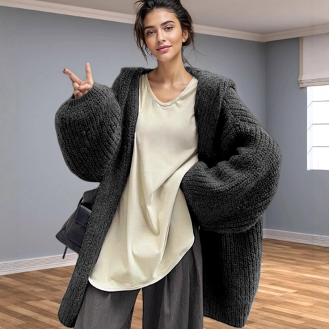 Gilet en Grosse Maille Oversize Décontracté pour Femmes Pull Ample Col en V Manches Longues Couleur Unie Vêtement Chaud pour Automne Hiver