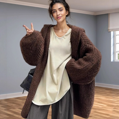 Gilet en Grosse Maille Oversize Décontracté pour Femmes Pull Ample Col en V Manches Longues Couleur Unie Vêtement Chaud pour Automne Hiver