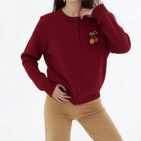Women's Preppy Knitted Cardigan Sweater Cherry Patch Round Neck Long Sleeve Button Up Loose Casual Autumn Outerwear Top