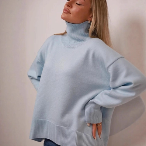Maglione Donna Collo Alto Largo Pullover in Maglia Morbida Oversize Manica Lunga a Costine Tinta Unita Autunno Inverno