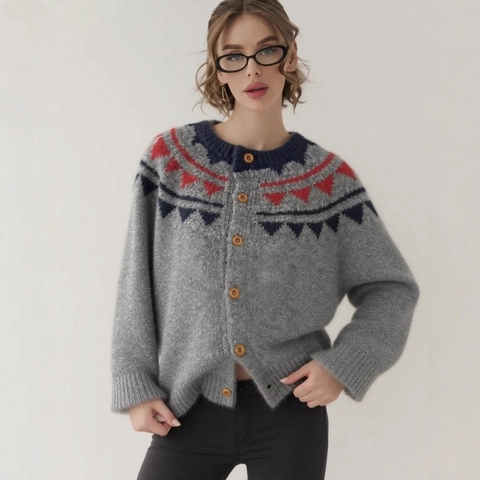 Gilet en Maille Géométrique Vintage Fair Isle pour Femmes Col Rond Boutonné Mélange Laine d'Alpaga Doux Décontracté Automne Hiver Pull Veste