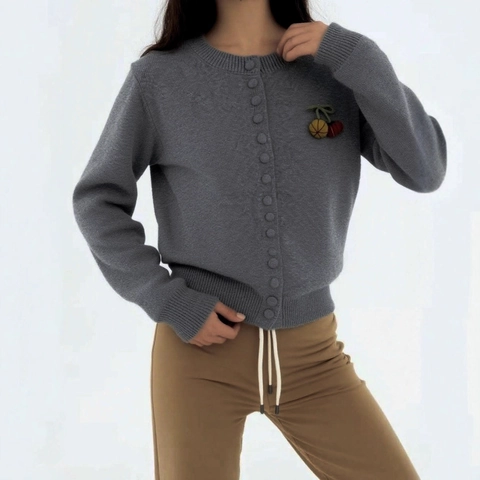 Women's Preppy Knitted Cardigan Sweater Cherry Patch Round Neck Long Sleeve Button Up Loose Casual Autumn Outerwear Top
