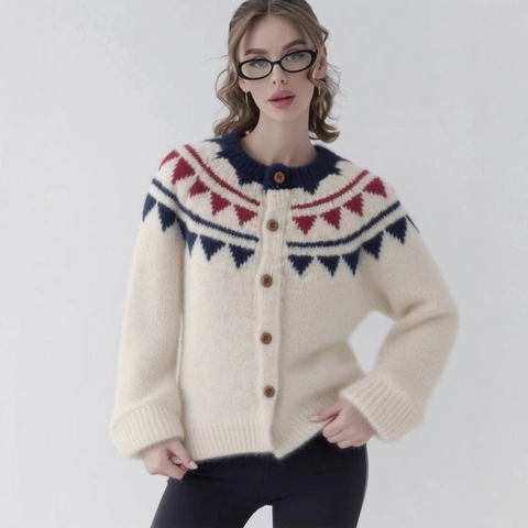 Gilet en Maille Géométrique Vintage Fair Isle pour Femmes Col Rond Boutonné Mélange Laine d'Alpaga Doux Décontracté Automne Hiver Pull Veste