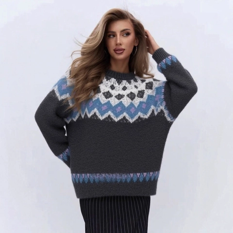 Pull Femme Tricot Noël Fair Isle Coupe Large Col Rond Manches Longues Pullover Doux Peluche Hiver Chaud Jacquard Nordique