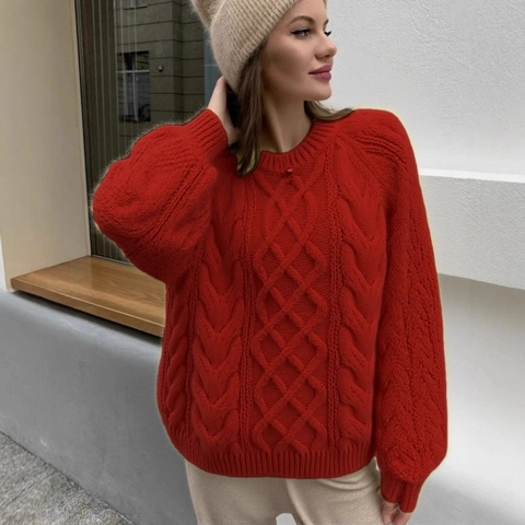 Suéter de Punto de Ocho Informal para Mujer de Corte Grande Cuello Redondo Manga Larga Cálido Otoño Invierno