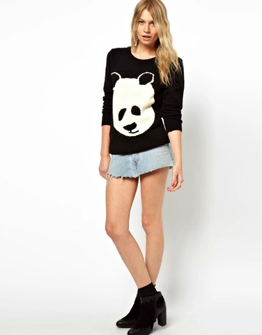 Pull en Tricot pour Femme Motif Panda Col Rond Pullover en Acrylique Manches Longues Poignets Côtes Chaud Automne Hiver