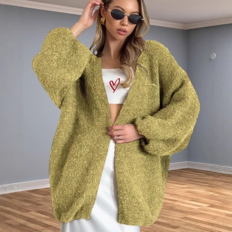 Cardigan Tricoté Oversize Femmes Doux Imitation Alpaga Style Mohair Manches Lanternes Col en V Pull