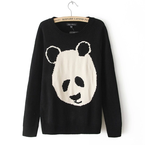 Pull en Tricot pour Femme Motif Panda Col Rond Pullover en Acrylique Manches Longues Poignets Côtes Chaud Automne Hiver
